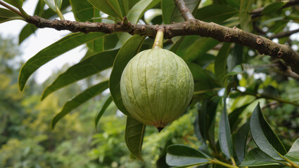Fototapeta premium Close-up of a Green Fruit Hanging from a Tree Branch in Natural Light