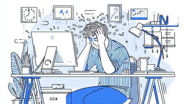 79.Minimal outline icon depicting an overwhelmed remote worker at computer desk, hands on head, clean thin lines, modern editable stroke design