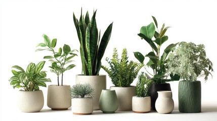 Fototapeta premium 1.Collection of indoor plants in simple pots, isolated on white background, soft lighting, natural green tones, modern minimalist aesthetic