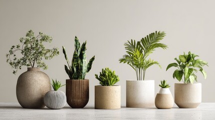 Fototapeta premium 1.Collection of indoor plants in simple pots, isolated on white background, soft lighting, natural green tones, modern minimalist aesthetic