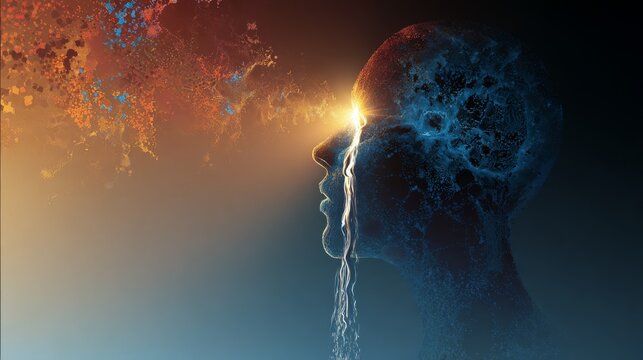 38.Surreal image of human silhouette, brain radiating light, tear formed by abstract molecular structures, vivid gradient colors, blend of science and emotion