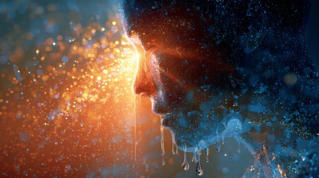 38.Surreal image of human silhouette, brain radiating light, tear formed by abstract molecular structures, vivid gradient colors, blend of science and emotion