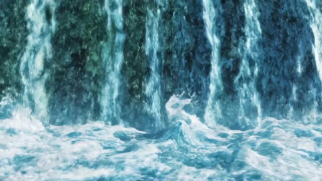 Digital binary code waterfall falling into dark blue ocean water