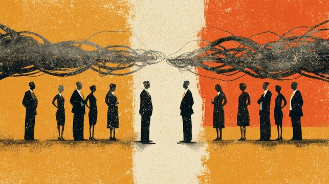 27.Symbolic illustration showing people facing each other with knotted lines between them, representing negotiations, emotional tension and efforts to resolve conflict