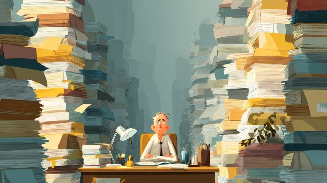 6.Conceptual illustration of an office worker overwhelmed by towering stacks of paperwork, anxious expression, cluttered desk, symbolizing heavy workload and burnout