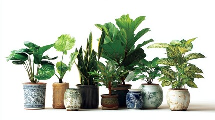 Fototapeta premium 2.Potted houseplants arranged neatly on a white background, clear details of leaves and pots, fresh botanical atmosphere