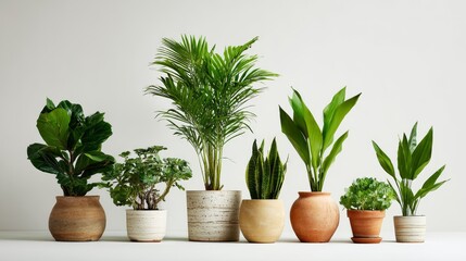 Fototapeta premium 2.Potted houseplants arranged neatly on a white background, clear details of leaves and pots, fresh botanical atmosphere
