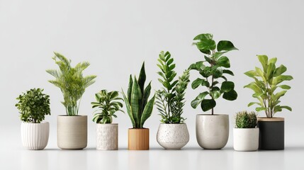 Fototapeta premium 2.Potted houseplants arranged neatly on a white background, clear details of leaves and pots, fresh botanical atmosphere