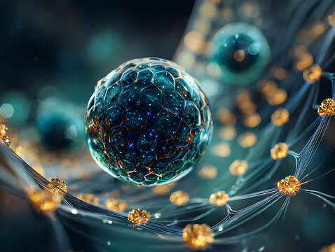 Abstract 3D Render of Glowing Molecular Structure in Dark Sci-Fi Setting with Futuristic Light