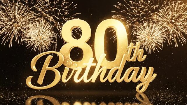 Golden 80th birthday celebration with fireworks and glitter.