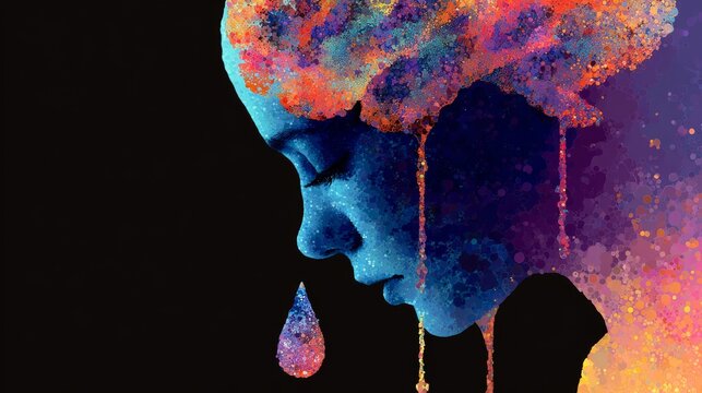 35.Concept = Human silhouette with brain glowing, tear drop composed of molecules and hormones inside, abstract representation of emotional tears releasing stress, vibrant colors, scientific but