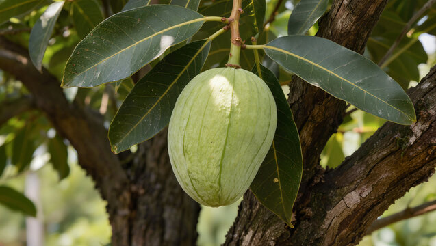 Close-up of a Young Green Mango Fruit Hanging from a Branch on a Tree