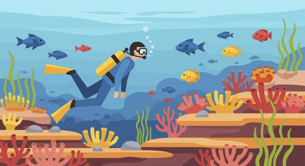 Scuba diver exploring colorful coral reef and fish underwater. © Nabih