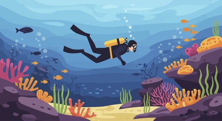 Scuba diver exploring vibrant coral reef underwater scene. © Nabih