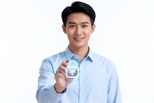 Young man holding digital security icon