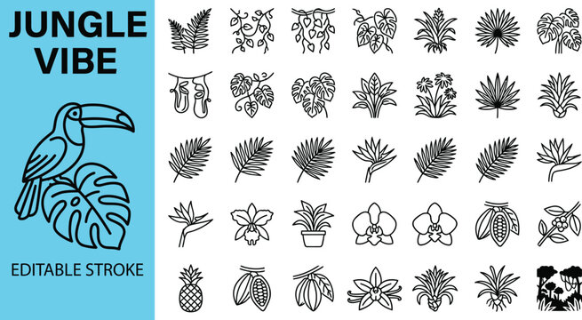 Jungle vibe icons set, tropical plants and exotic flowers, rainforest flora, vector illustration, editable stroke