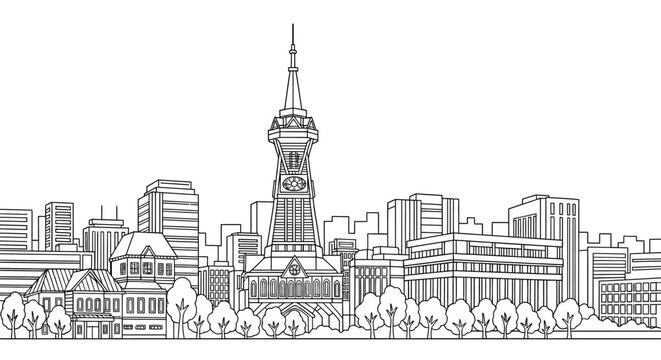 Detailed Cityscape Skyline with Historic Clock Tower.