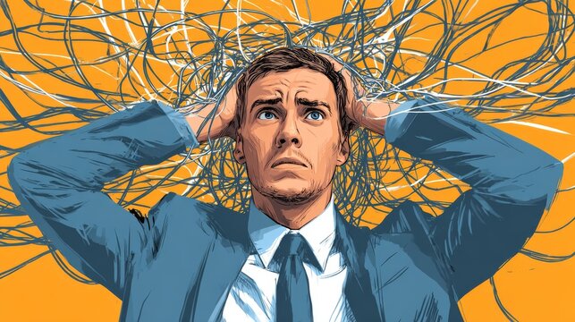 29.Concept = Businessman employee with anxiety busy line over his head. concept of Stress at work, exhausted from overworked and too many problems or frustrated and paranoia office worker
