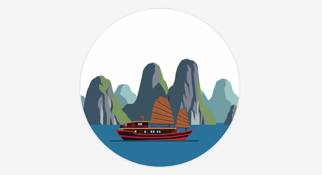 Traditional junk boat sailing near scenic karst islands.