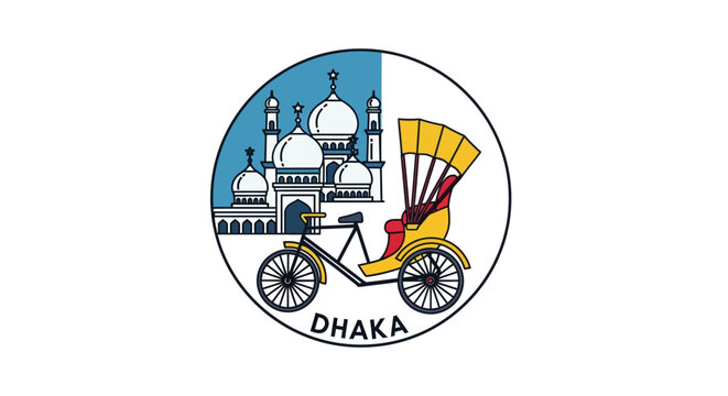 Vibrant Dhaka Illustration with Famous Landmarks and Rickshaw.