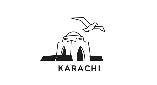 Minimalist Karachi Monument Illustration With Seagull Silhouette.