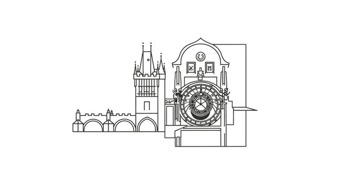 Detailed illustration of historic astronomical clock and tower.