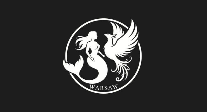 Mythical Mermaid and Phoenix Circular Emblem Design.