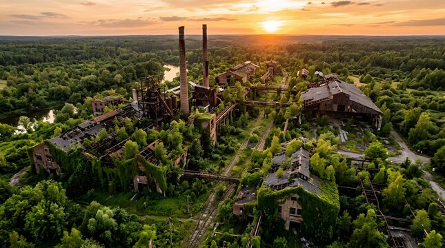 Abandoned Industrial Complex Overgrown with Nature, Aerial Drone View