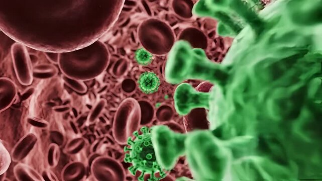 Microscopic view of virus particles infecting red blood cells in the bloodstream.