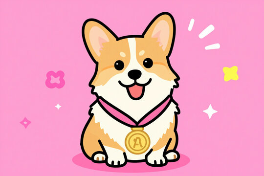 Cheerful corgi wearing a gold medal sits on a vibrant pink background, adorned with fun doodles, perfect for pet-themed celebration designs.