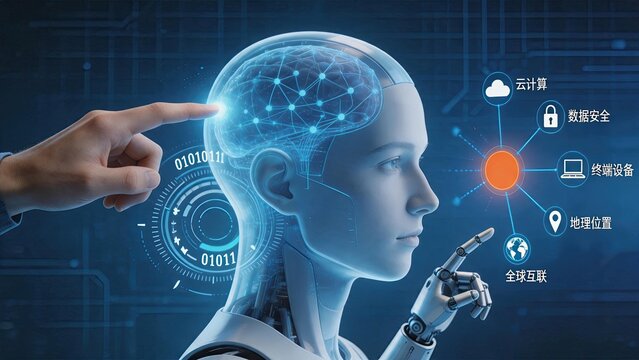 Humanoid cyborg head profile with glowing neural network brain and cloud computing icons, data security global internet connection, artificial intelligence machine learning