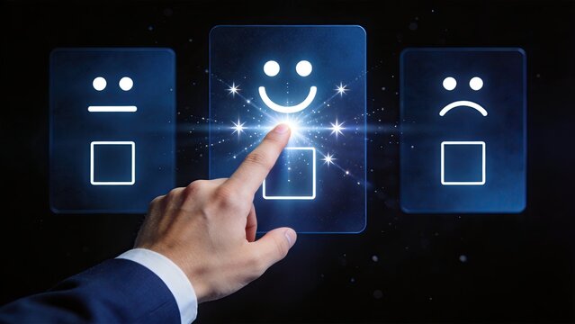 Businessman touching positive smiley face on futuristic holographic screen, selecting satisfaction feedback, customer service rating concept with glowing digital interface and