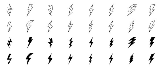 Obraz premium Lightning bolt vector icon set, black lightning icon designs on white background, Symbols of energy, power, electric storm, flash charge, ideal for web, print, logo design.