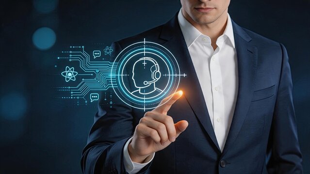 Man in suit touching virtual customer support icon, digital service interface, technical assistance concept, call center operator symbol, future communication technology