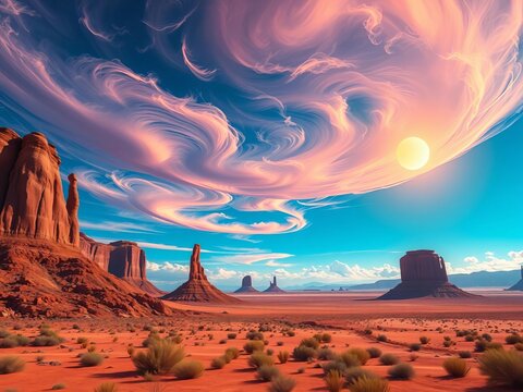 Surreal desert landscape with towering rock formations and a sky filled with swirling, iridescent clouds and twin suns,  suns,  art