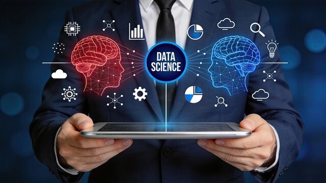 Businessman holding tablet projecting holographic data science concept with two human brains connected by network lines, artificial intelligence, machine learning, big data