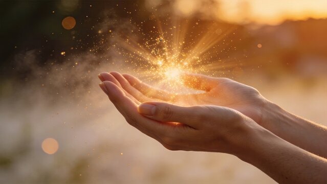 Hands cupped together holding magical glowing golden light particles and sparkles at sunset, symbolizing hope, miracle, healing energy, spiritual power and positive vibes in