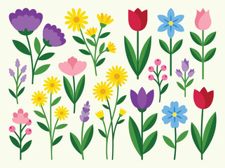 Fototapeta premium Colorful Floral Vector Set with Tulips Daisies and Wildflowers in Flat Design Style for Spring Nature Decoration and Joyful Marketing