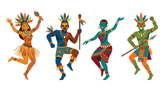 Set of traditional tribal dancers in colorful ethnic costumes performing cultural folk dance flat vector illustration