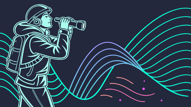 Professional explorer using a bright flashlight to discover new paths in a stylized vector illustration with flowing neon light waves