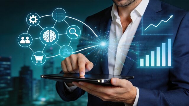 Businessman interacting with artificial intelligence brain network, machine learning concept, neural network diagram, cognitive computing, smart technology solution, business
