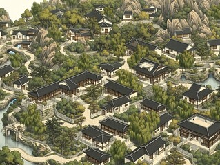 Fototapeta premium Detailed landscape painting village amidst natural environment many traditional buildings dark roofs light colored walls some reddish brown sections rocky mountains dense foliage river stream system m