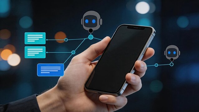 Hand holding smartphone with chatbot robot icons and message bubbles, artificial intelligence communication concept, virtual assistant app interface, automated customer service