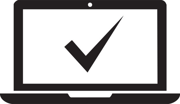 Check mark on a laptop computer screen icon with computer, verified