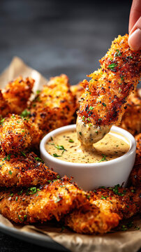Crispy Fried Chicken Tenders with Creamy Dipping Sauce .AI Generative