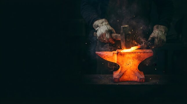 Blacksmith hammering glowing hot metal on anvil in dark workshop for custom metalwork and forging projects