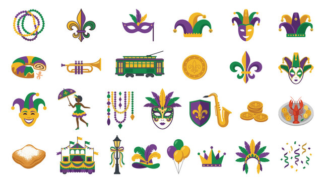 Mardi Gras Icons Collection Festive Symbols Including Masks Beads Trumpet Streetcar And More For Celebration Design