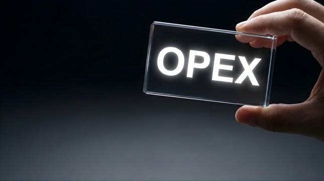 Hand holding transparent glass plate with glowing opex text for corporate financial management analysis