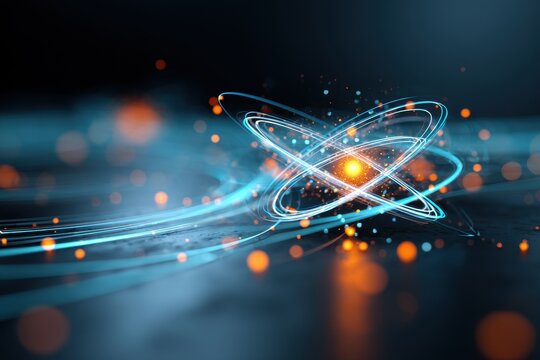 Abstract 3D illustration of a quantum atom with glowing blue orbital paths and orange energy particles on a dark background