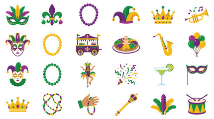 Fototapeta premium Mardi Gras Icons Collection Festive Symbols for Celebration and Carnival Events Seamless Pattern